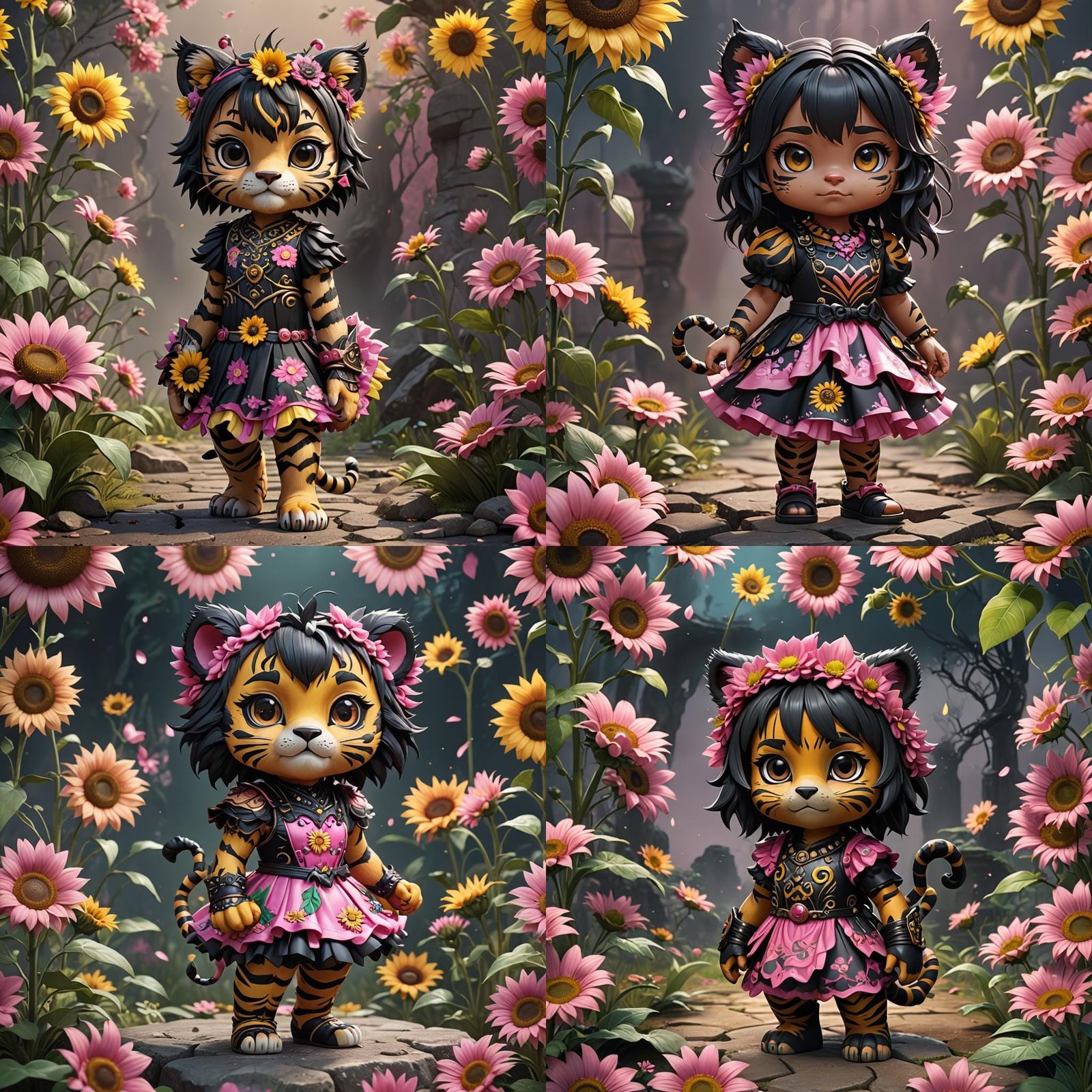 Black Chibi Tiger in Sunflower Dress