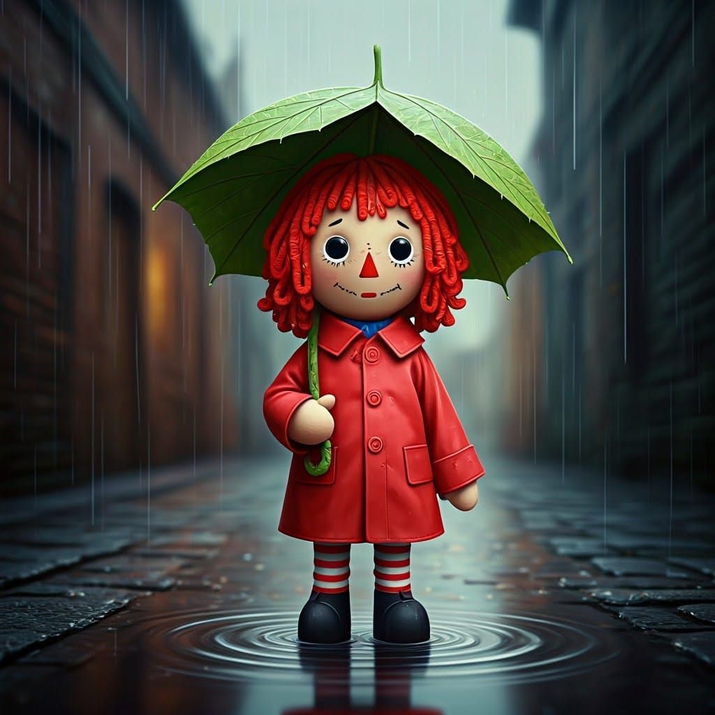 Worried Raggedy Ann Doll in Rainy Alley