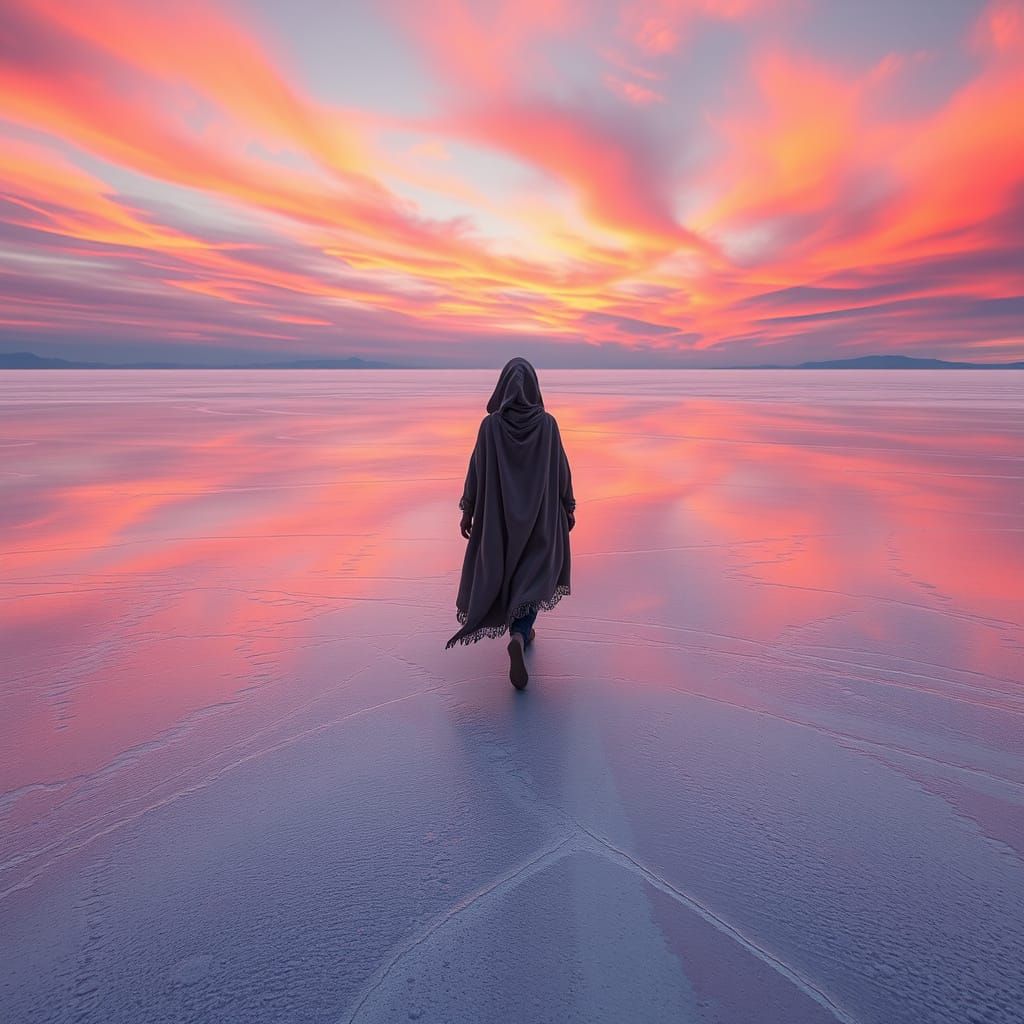 Woman Walking on Salt Flat in Hyper-Realistic Style