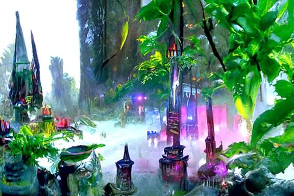 Magical Rainforest with Mages in Cyberpunk Style