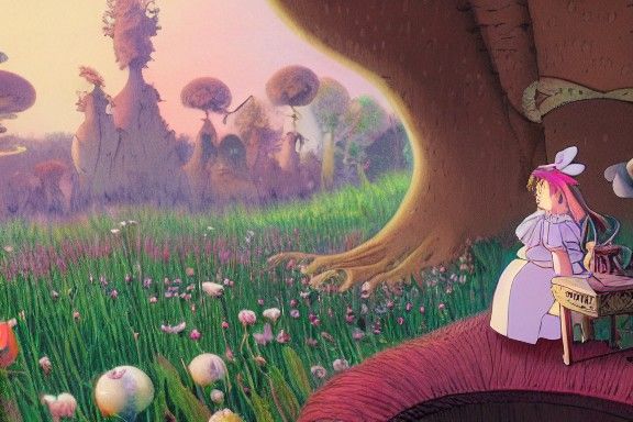 Alice in Wonderland Scene by Ghibli and Moebius