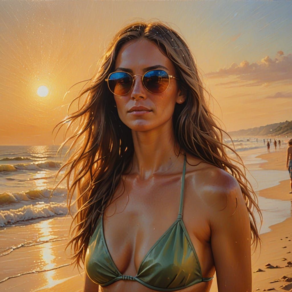 Woman in Bikini on Beach, Vibrant Oil Painting