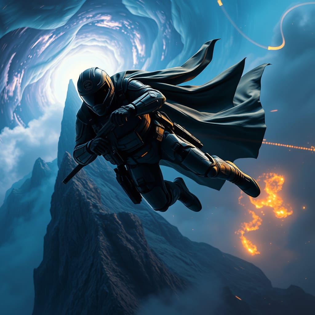 Stoic Police Officer in Metallic Exosuit Falls from Glowing ...