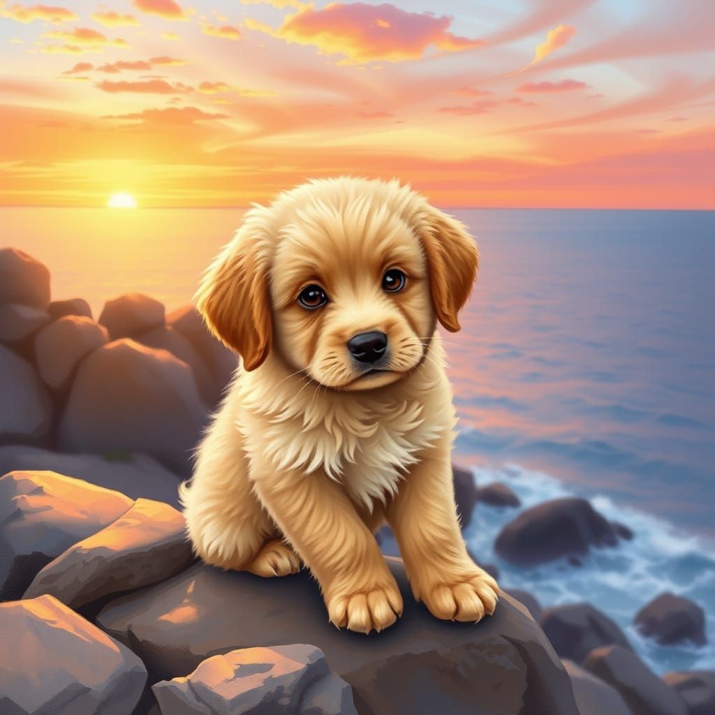 Adorable puppy watching a breathtaking sunset