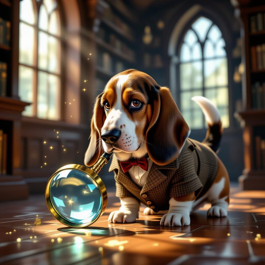 Victorian Basset Hound Detective Investigates Glowing Clue