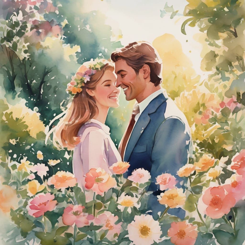 Whimsical Watercolor Valentine's Day Couple in a Lush Garden