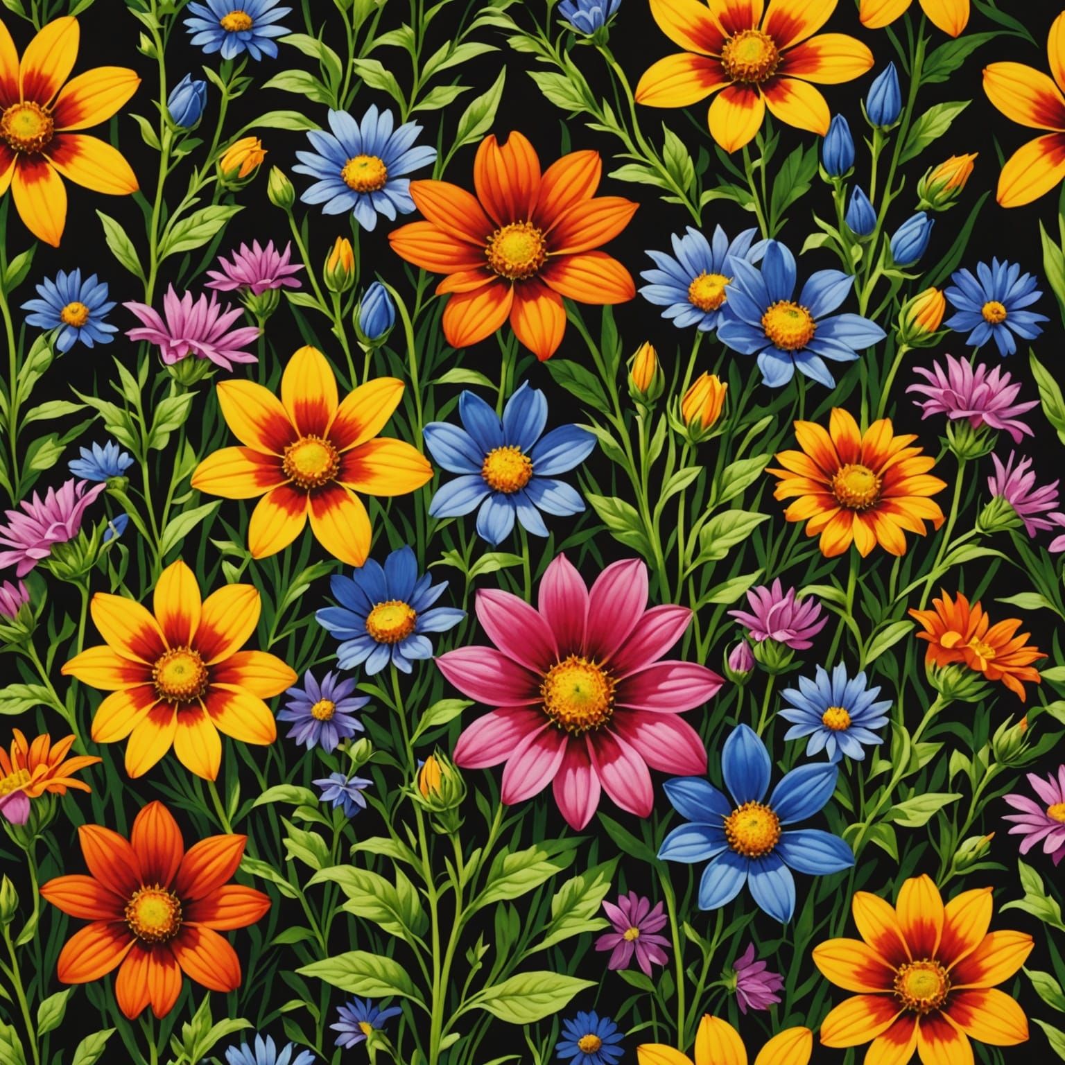 Saturated Wildflowers in Airbrush Style