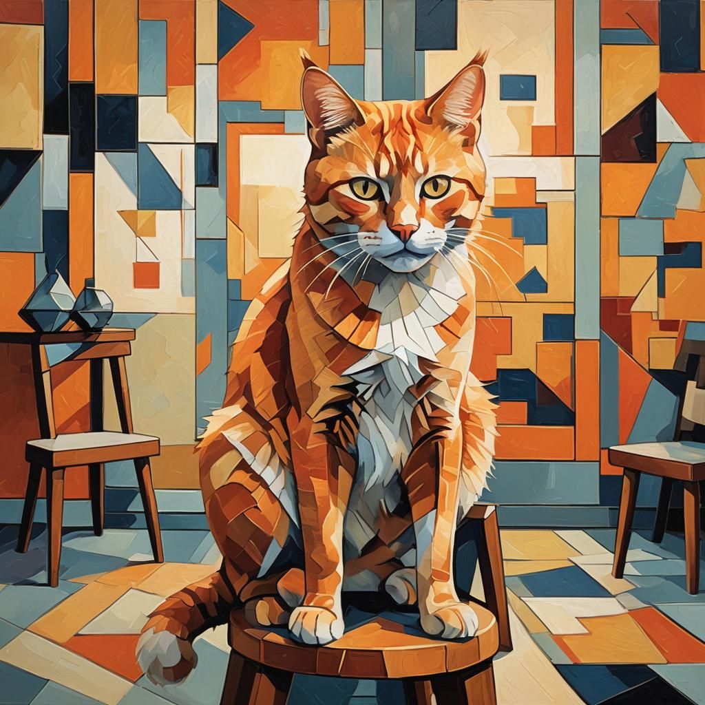 Vibrant Orange Cat in Cubist Art Deco Style