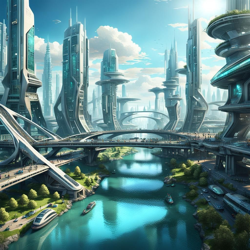 Solarpunk Utopia: Futuristic Cityscape with River