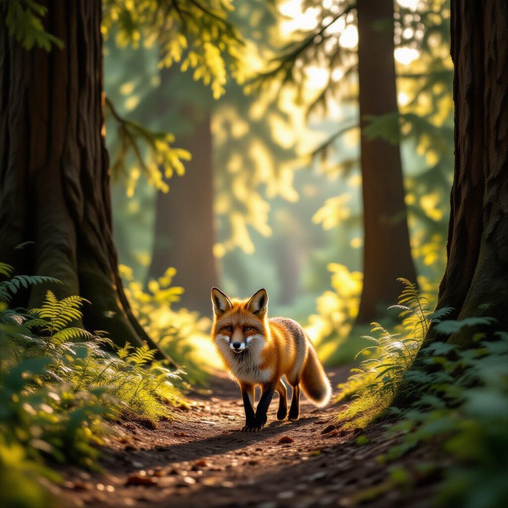 Hungry Fox Trotting Forest Path Photorealistic Style