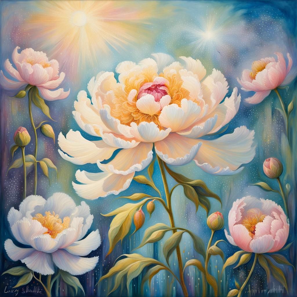 Ethereal Peony Fairy in Oil Painting Style