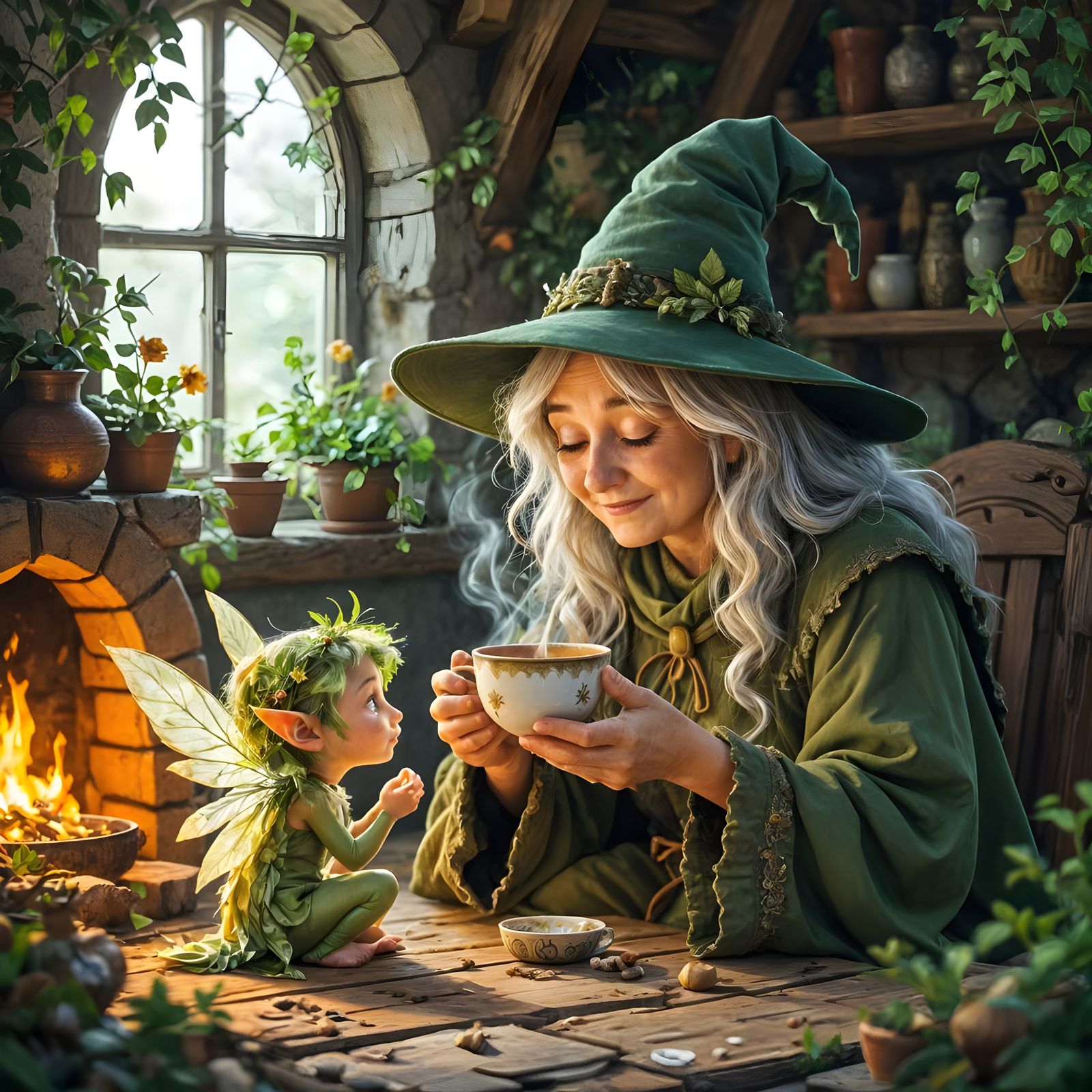 Kind Witch Shares Tea with Injured Sprite in Cozy Cottage