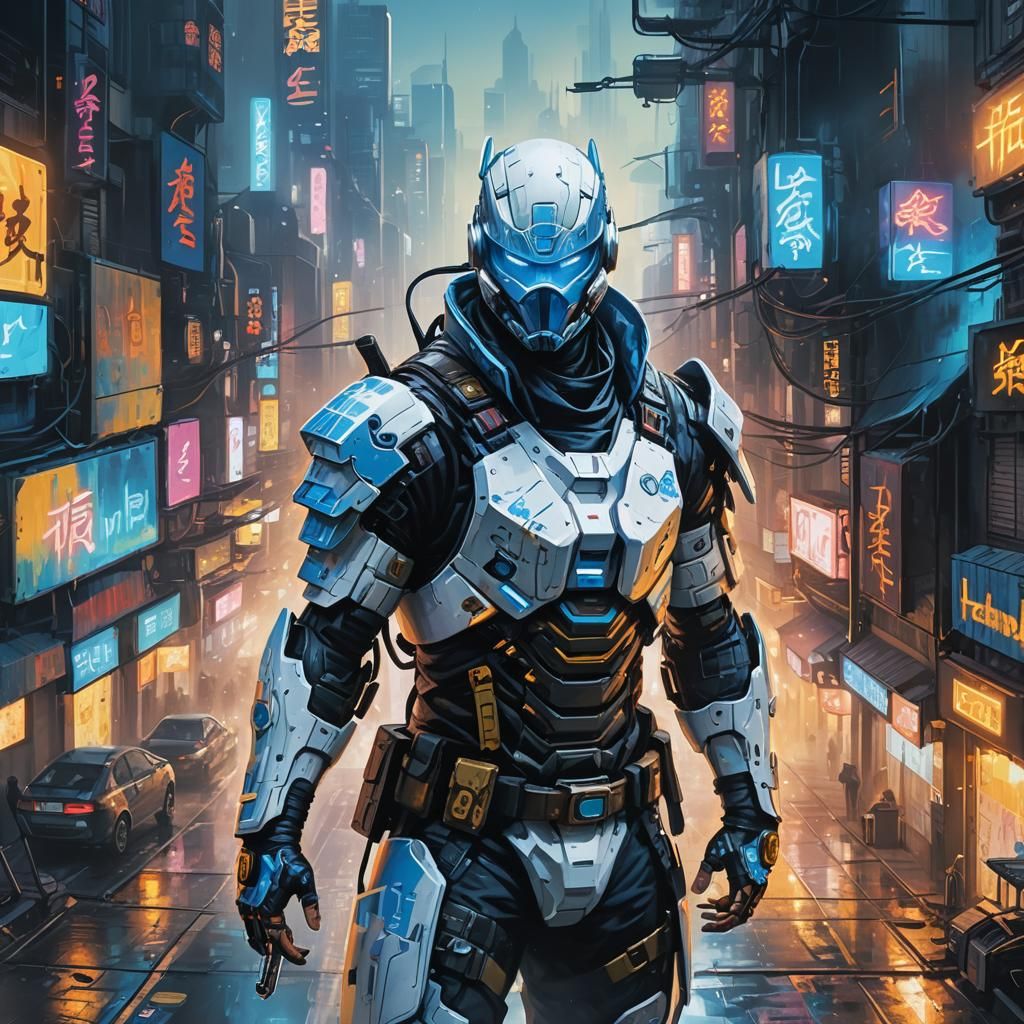 Cyberpunk Ninja Overlooking Neon Megacity in Street Art Styl...