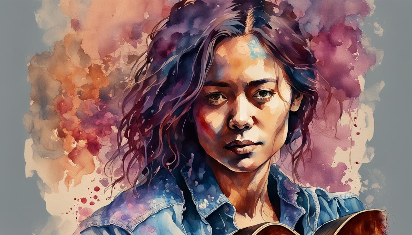Woman Playing Guitar in Watercolor Style