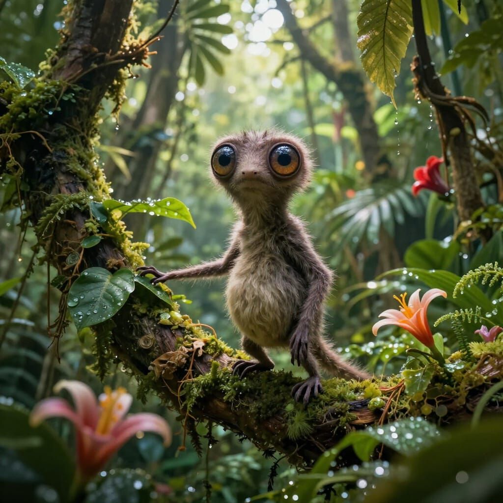Whimsical Creature Explores Overgrown Jungle Canopy