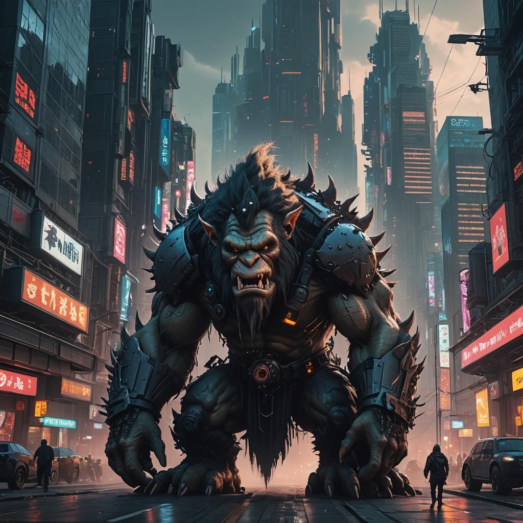 Grumpy Troll in Cyberpunk City with Dynamic Lighting