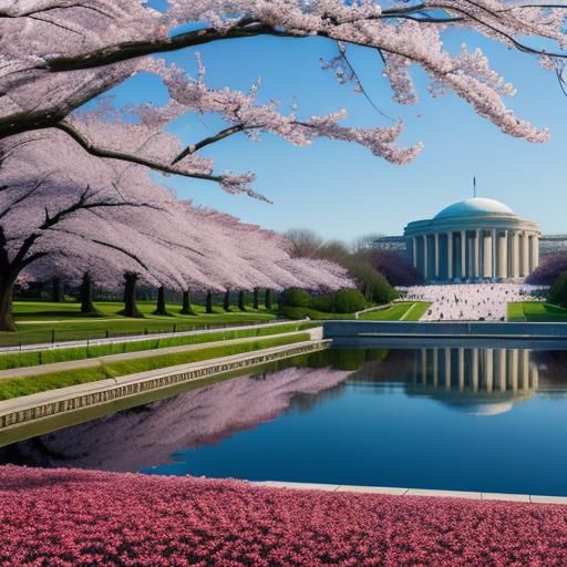 Cherry Blossoms Reflecting Pool, Hyperrealistic Image