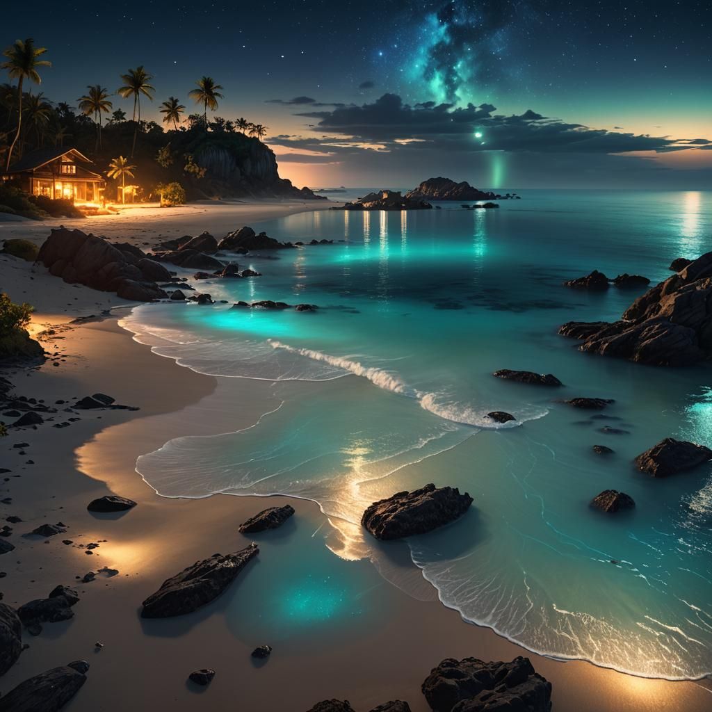 Bioluminescent Beach at Night in Detailed Matte Painting