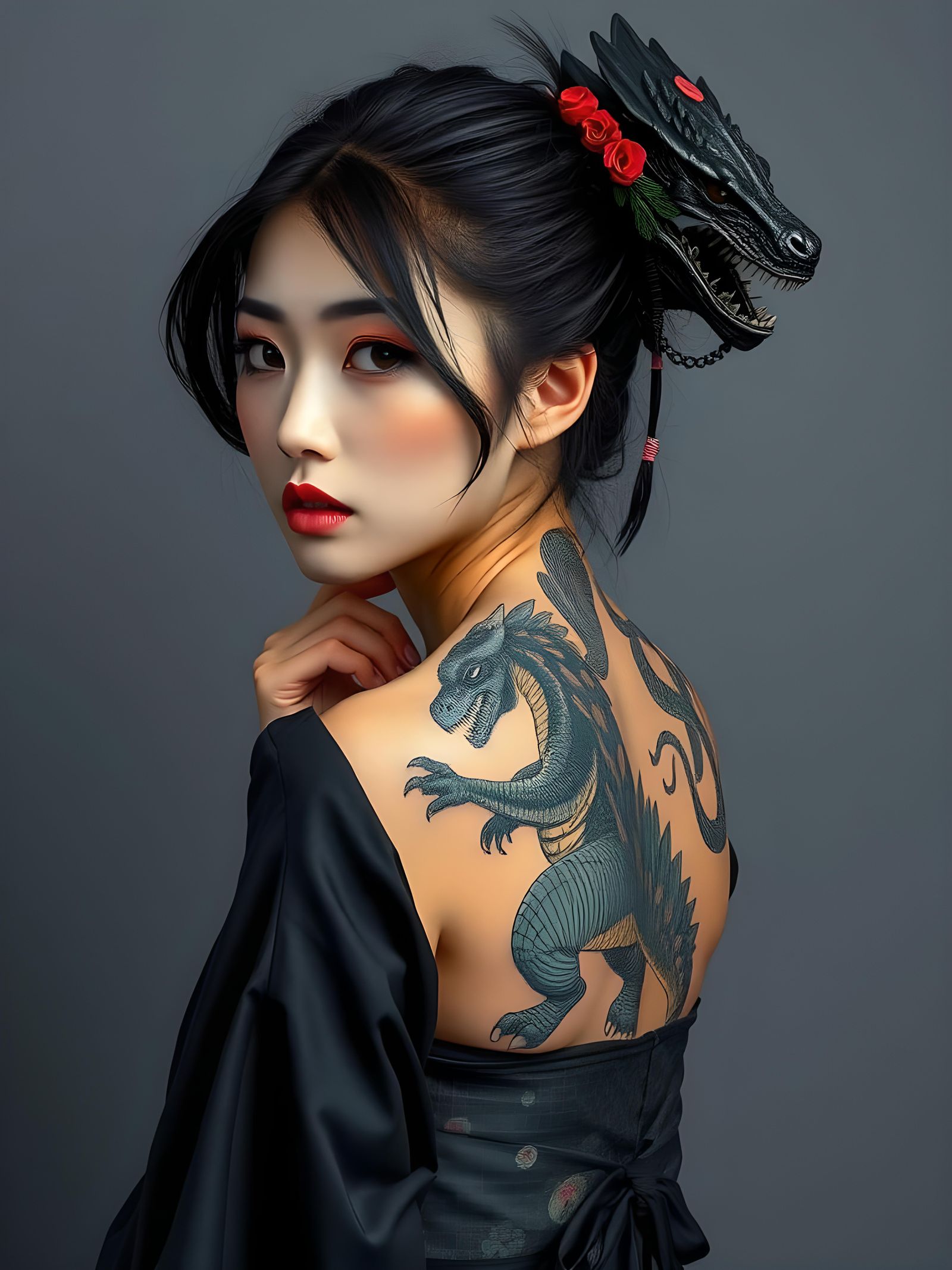 Japanese Woman with Godzilla Tattoo in Graffiti Art
