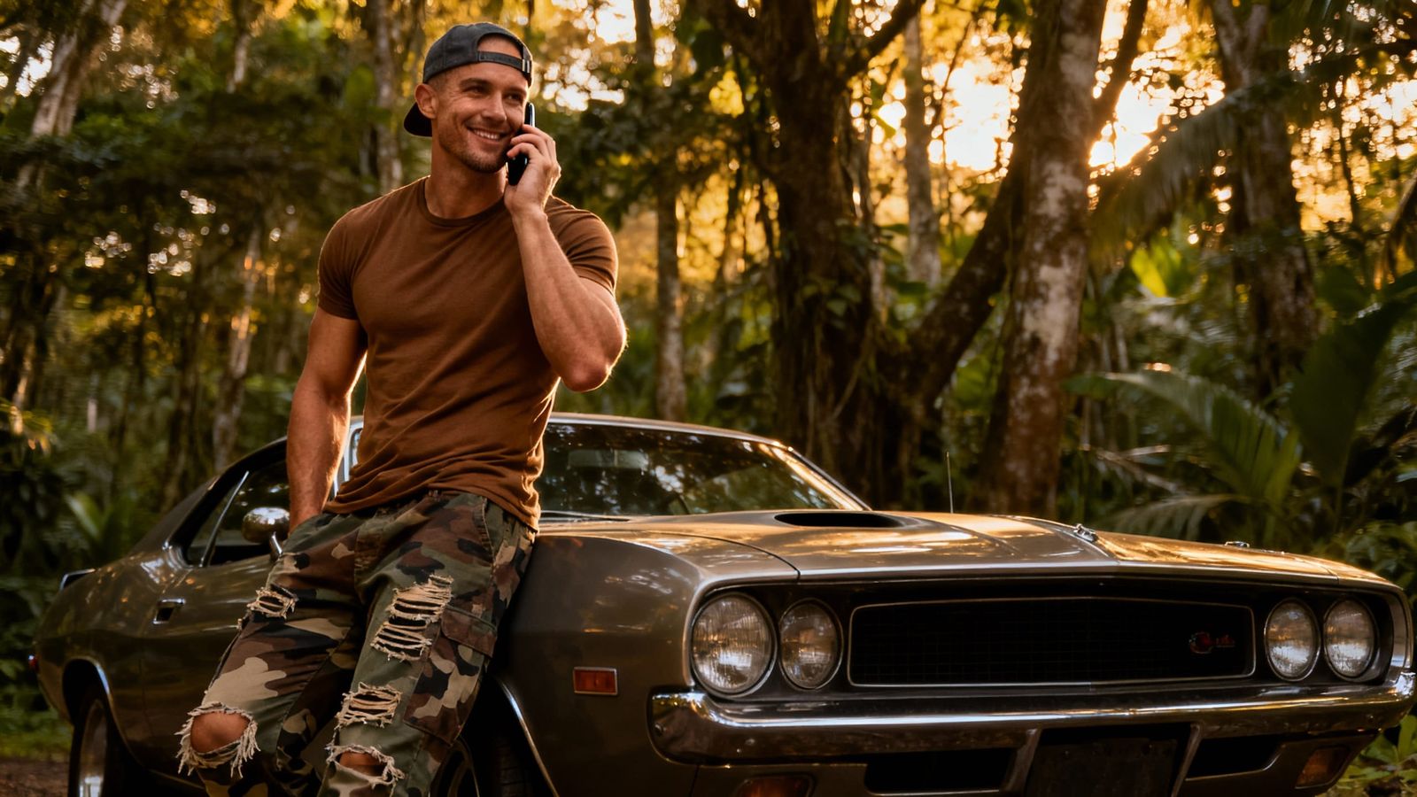 Man on Cell Phone Leaning on Muscle Car in Jungle