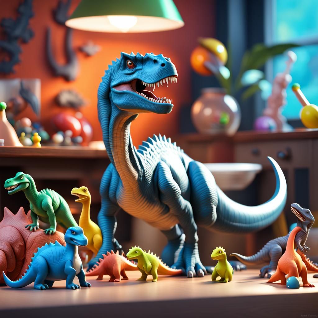 Hyperrealistic 3D Dinosaur with Toys
