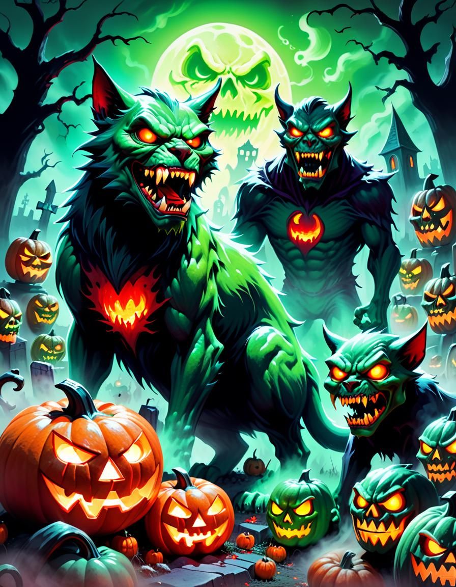 Pop Art Werewolf Graveyard: Warhol-Inspired Halloween Scene