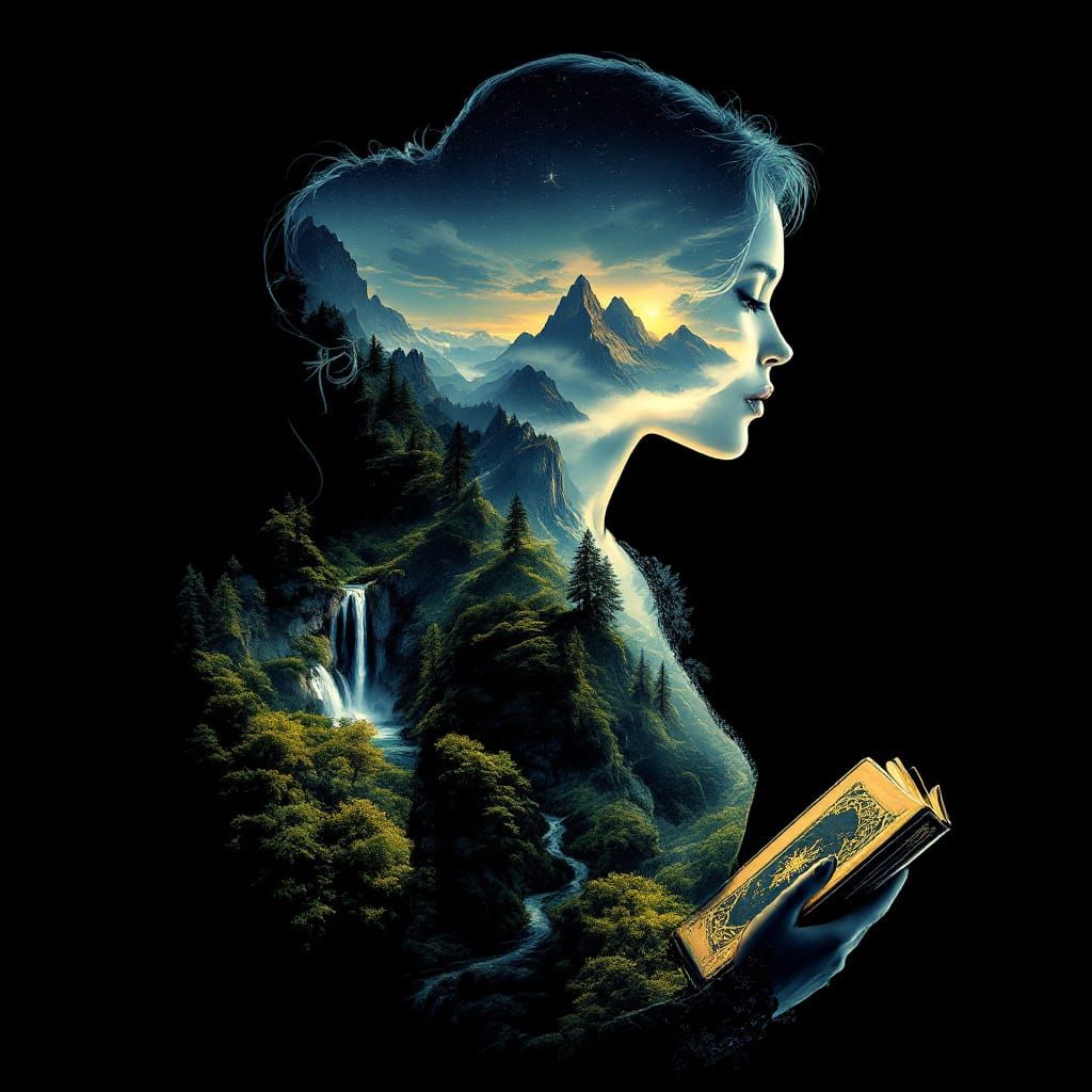 Woman with Book Shadow Reveals Mountain Landscape