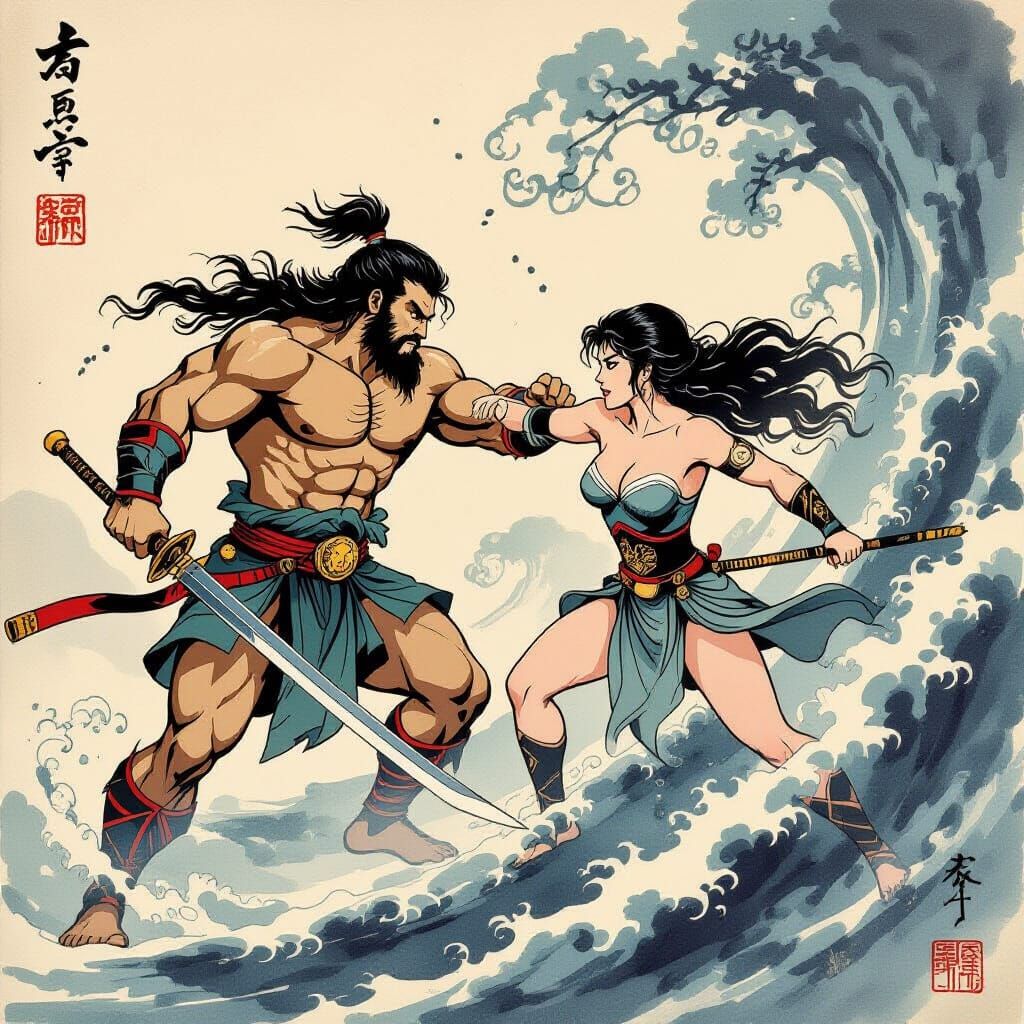 Hercules Battles Xena in Japanese Ink Wash Style