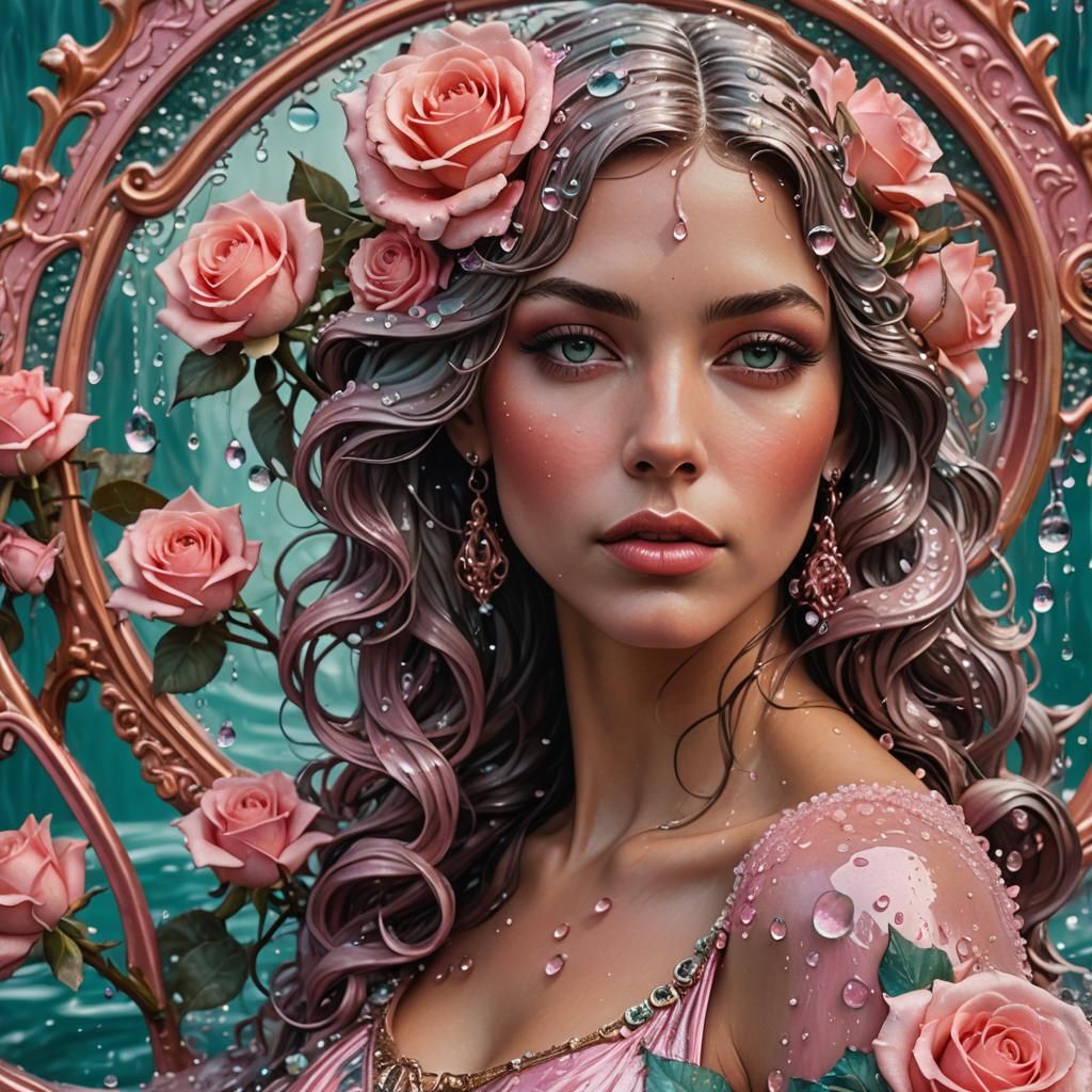 Art Nouveau Portrait of Model with Pink Roses