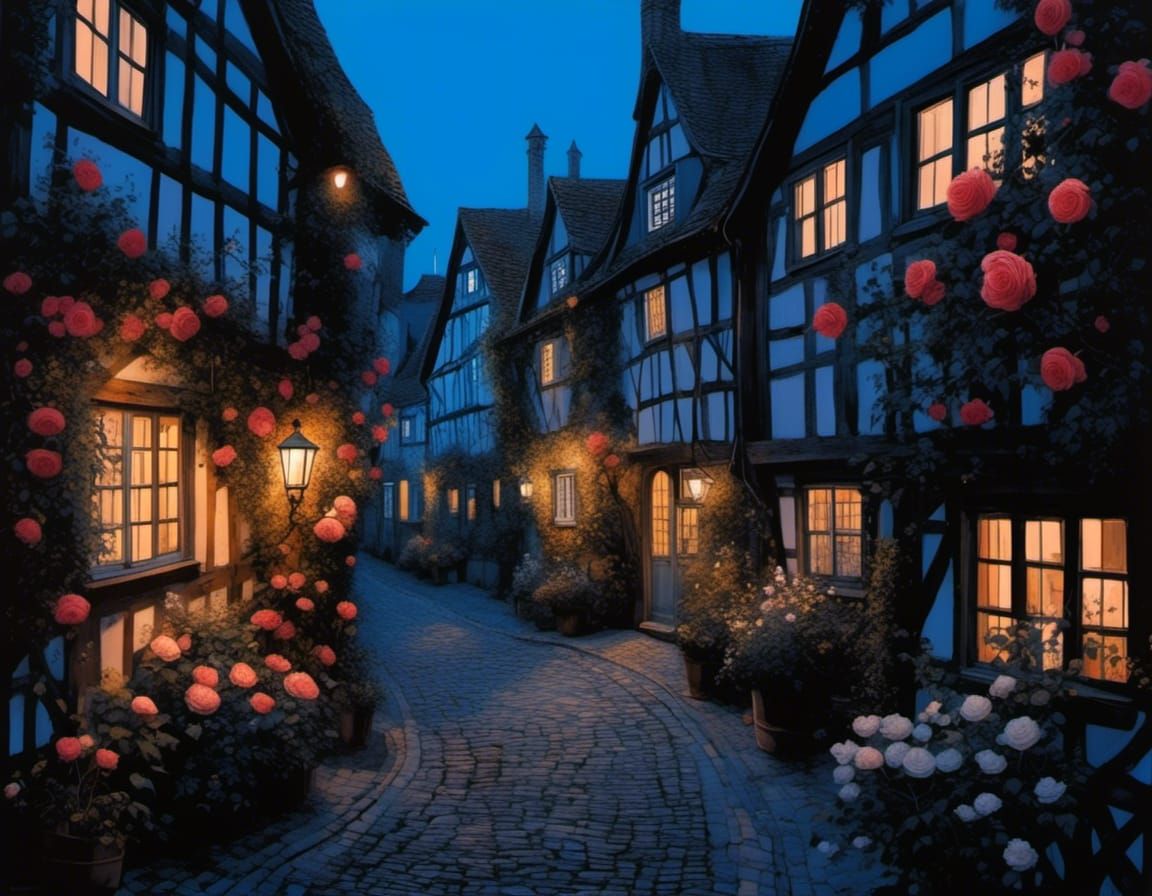 Enchanting Rose-Lined Alley at Dusk