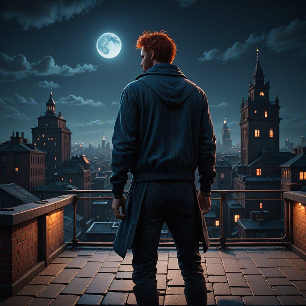Wavy Red Haired Man on Rooftop at Midnight in Hyper-Realisti...