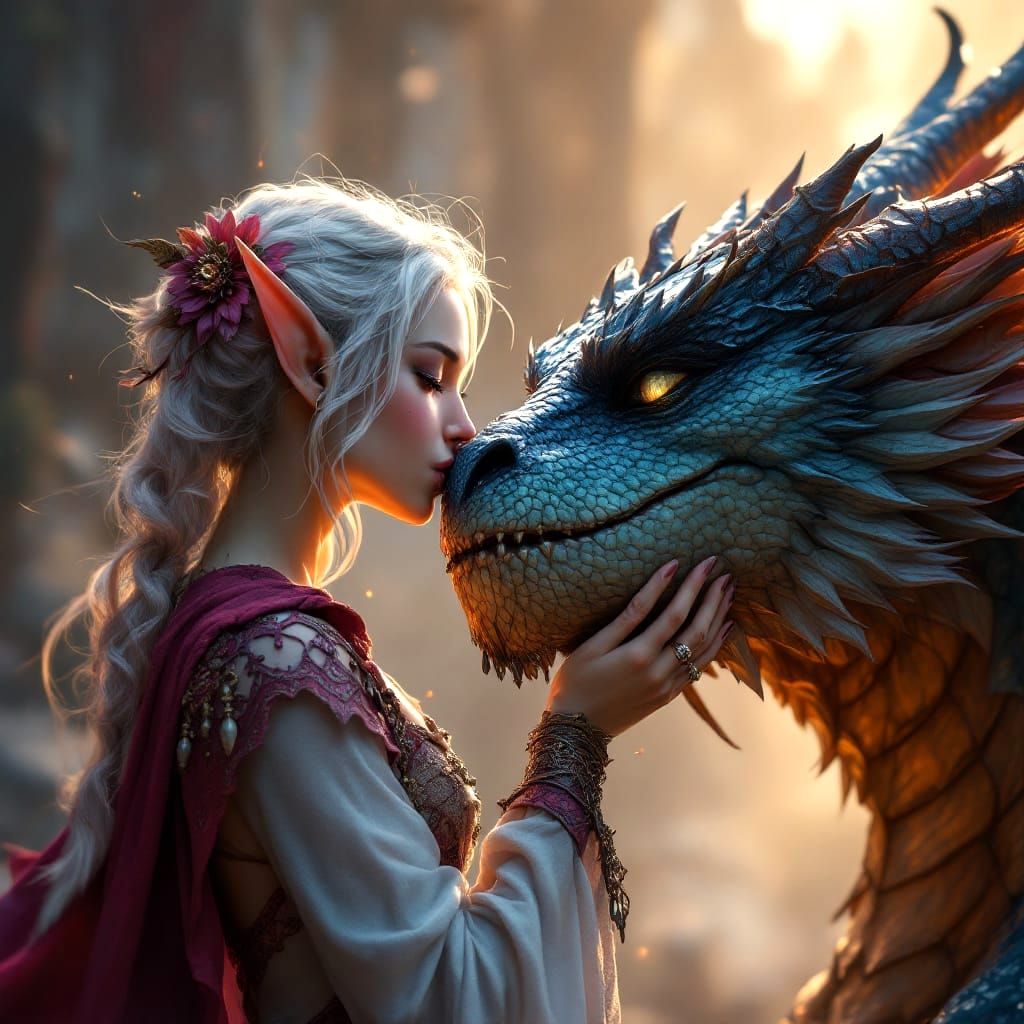 Elven Lady and Dragon: A Kiss of Friendship