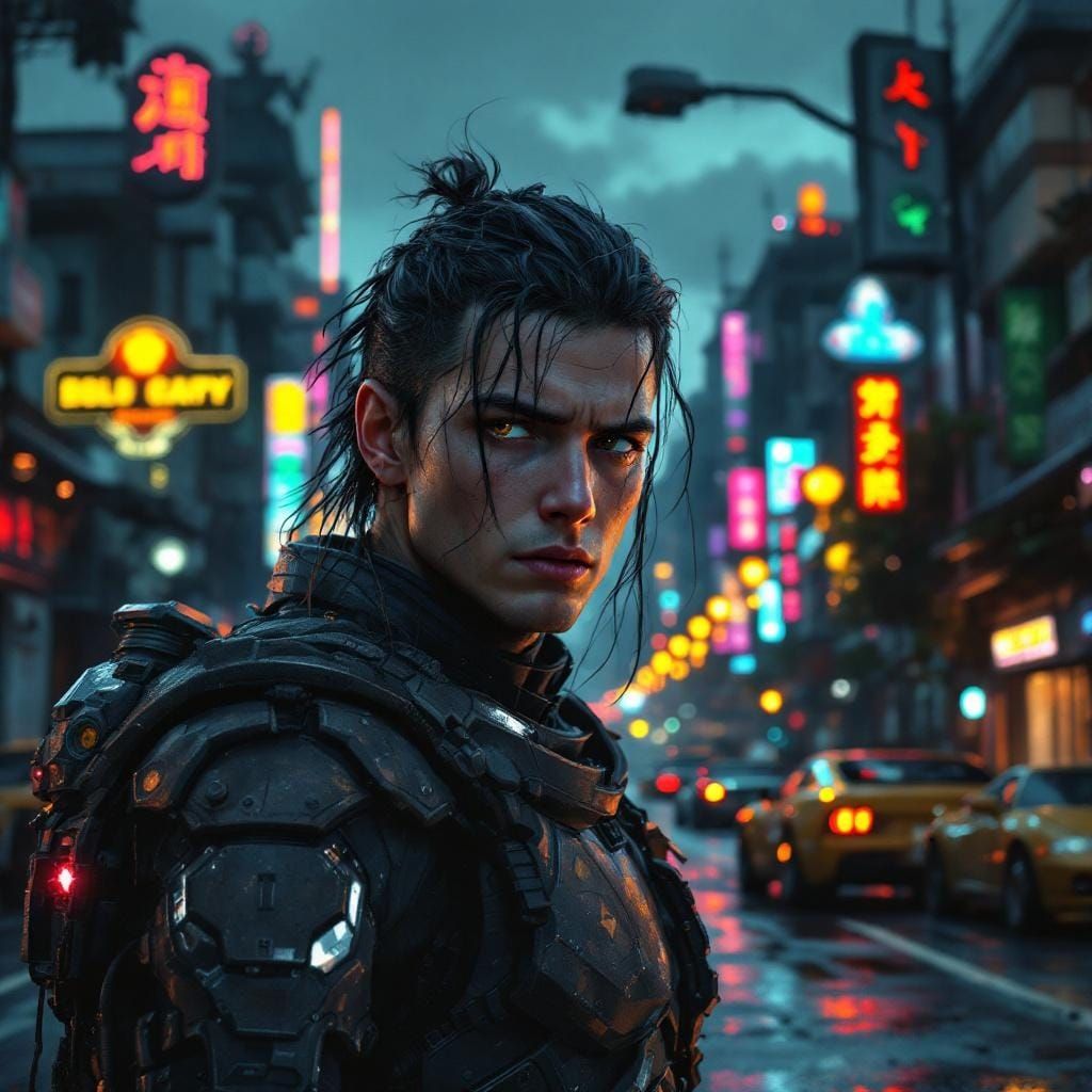 Weary Cyberpunk Warrior in Gritty Noir Cityscape