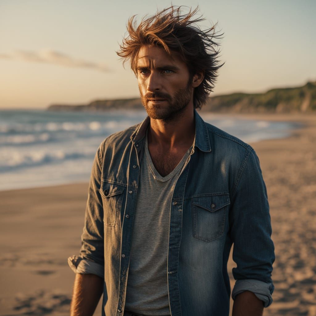 Windswept Beach at Sunset in Cinematic Style