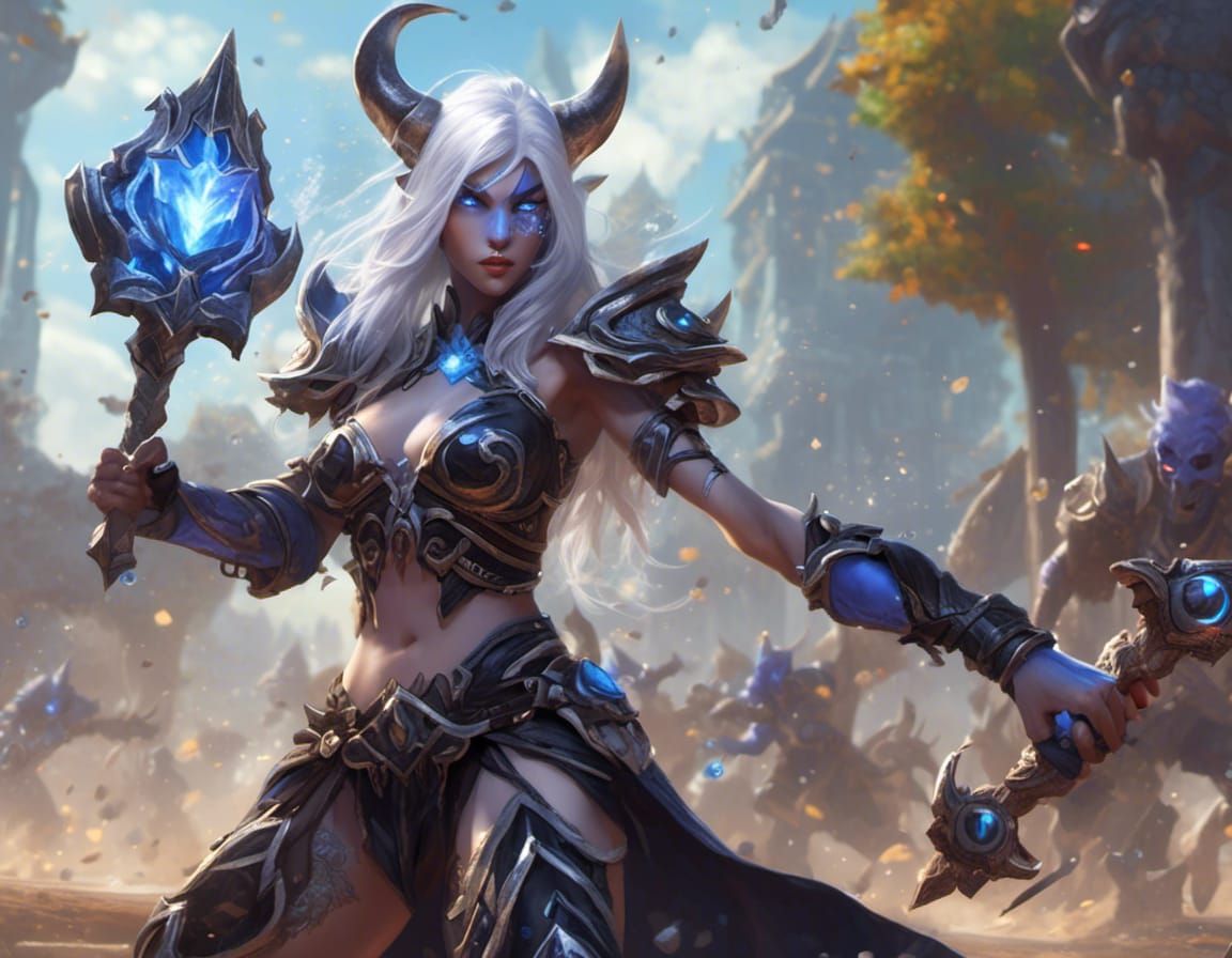 Hyperrealistic Asian Draenei Warrior in Crystal City