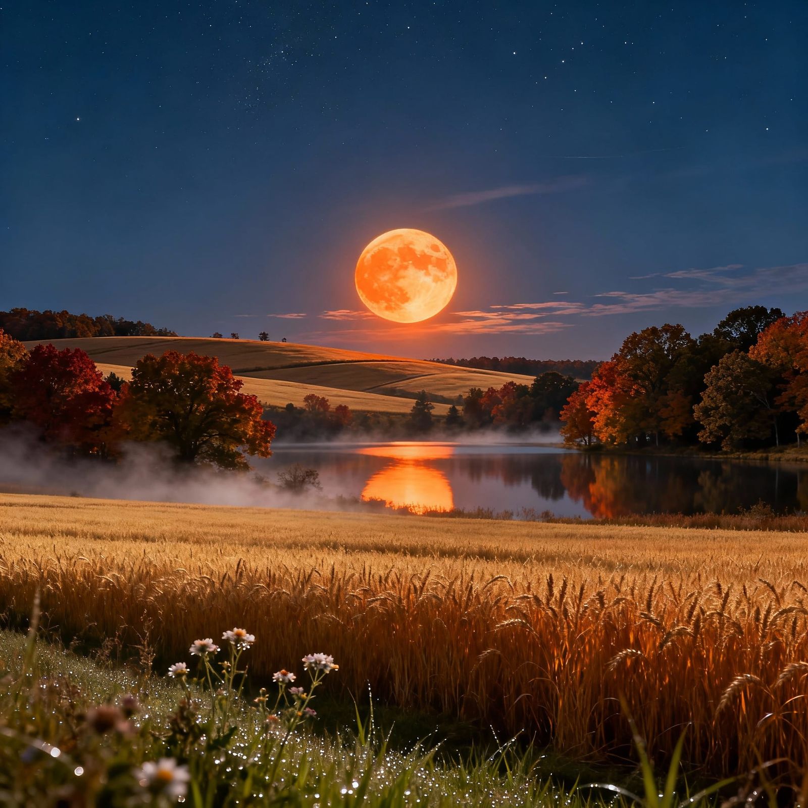 Harvest Moon Over Golden Fields at Night