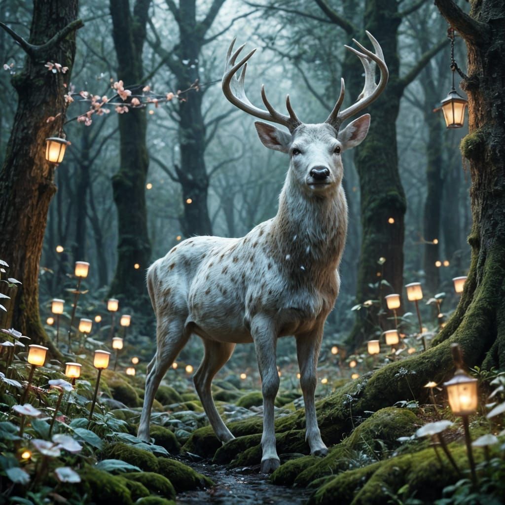 Majestic White Deer in Whimsical Fantasy Landscape