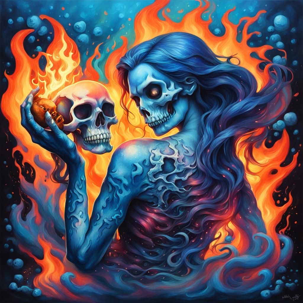 Evil Mermaid with Skull in Graffiti Art