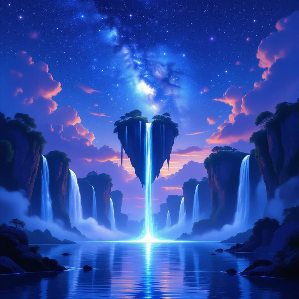 Majestic Floating Islands With Waterfalls in Twilight Sky