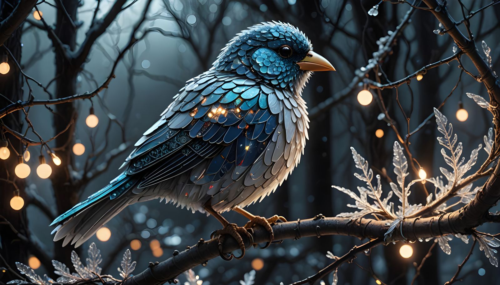 Surrealist Hyper-Realistic Bird of Circuitry Perched in Ethe...