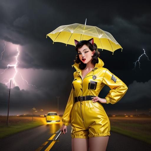 Anthropomorphic Cat in Stormy Weather, Pin-Up Style