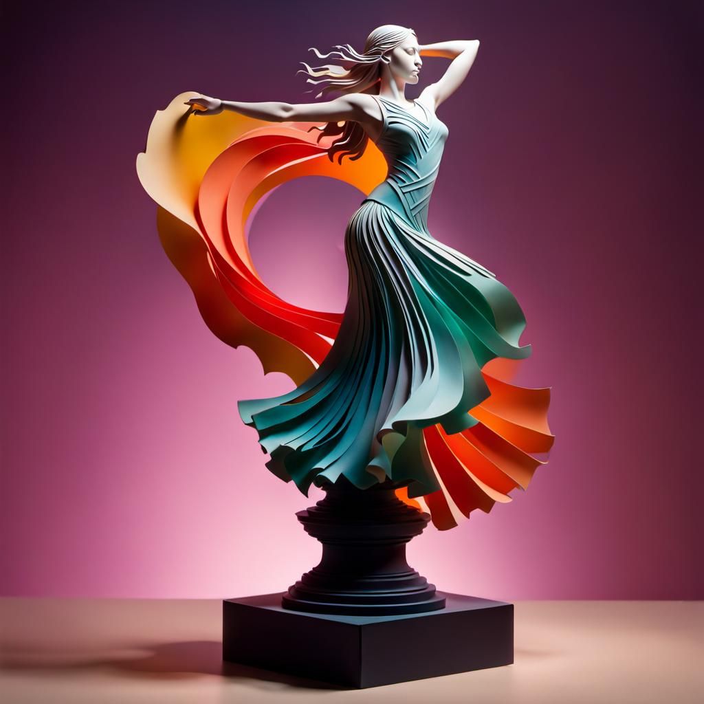 Intricate Kirigami Sculpture: Dancing Woman on Pedestal