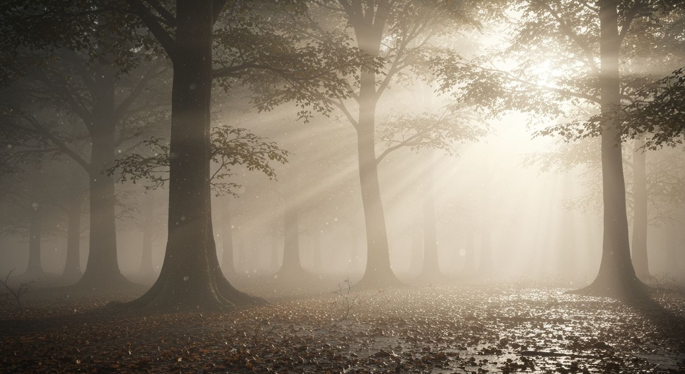 Misty Forest Dawn: Ethereal Light Through Ancient Trees