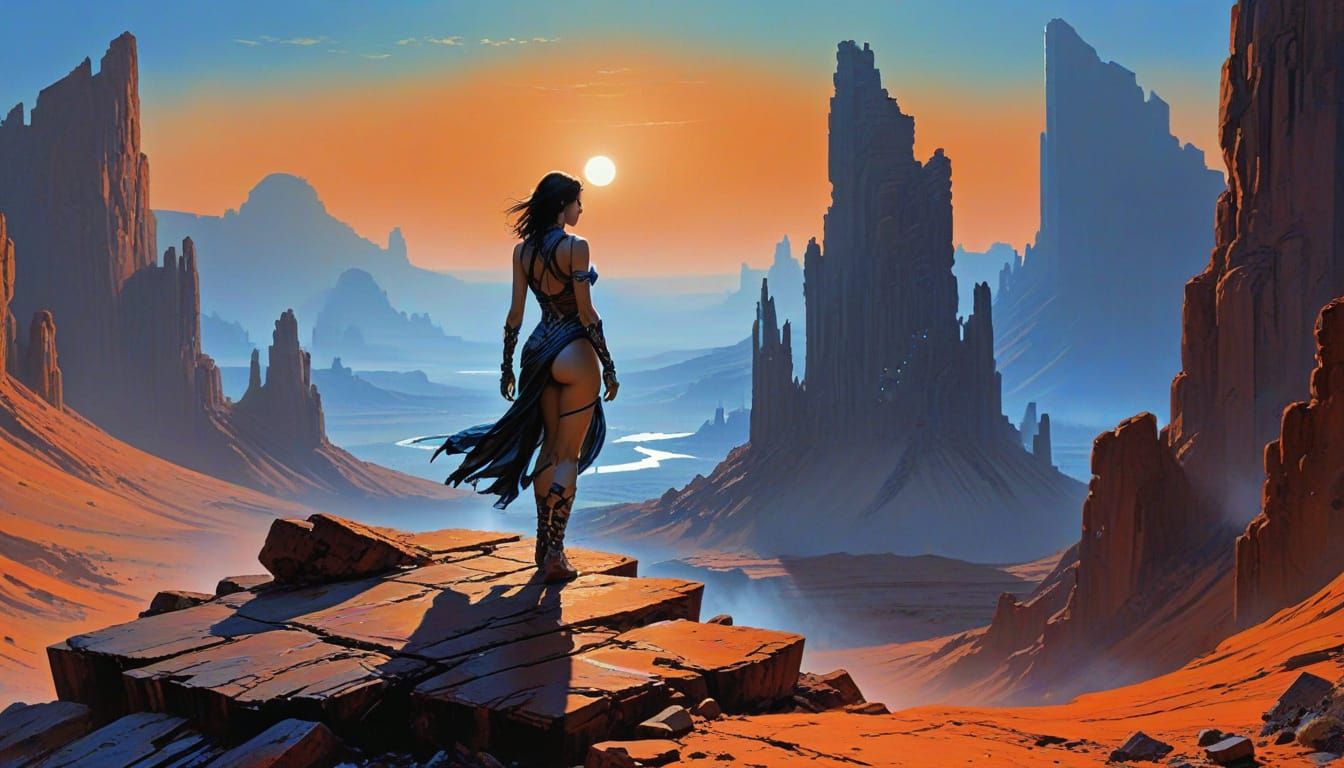 Woman Contemplating Desert Oasis and Futuristic City