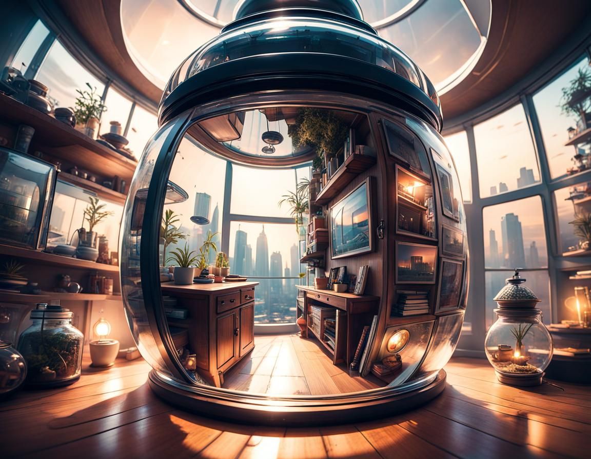 Futuristic Apartment Viewed Through Glass Jar