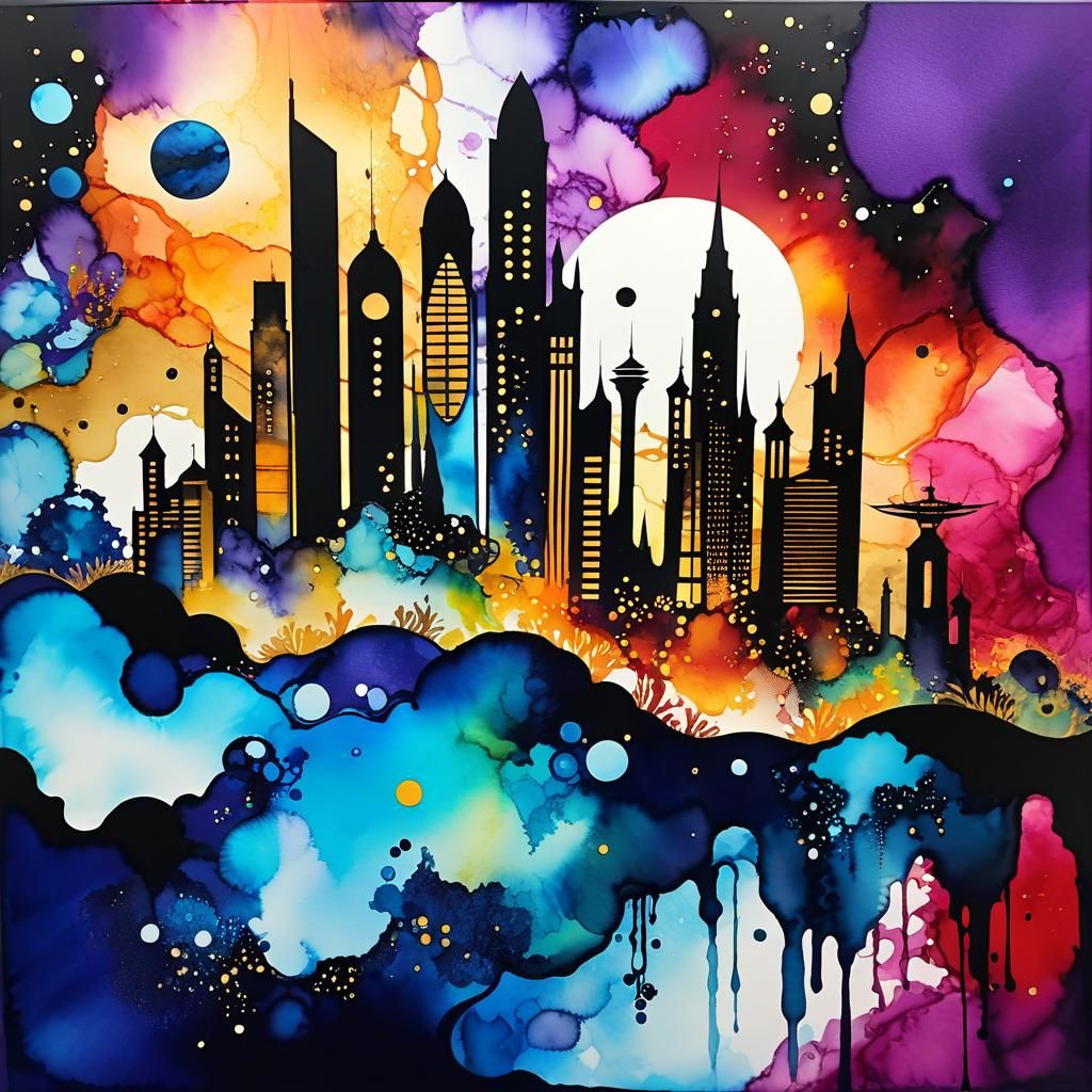 Vibrant Space City in Alcohol Ink Style