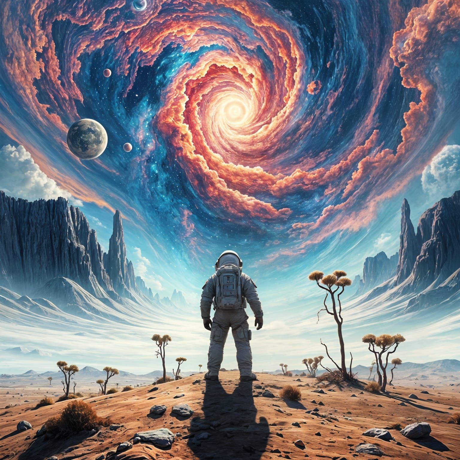 Astronaut on Alien Planet with Swirling Nebula