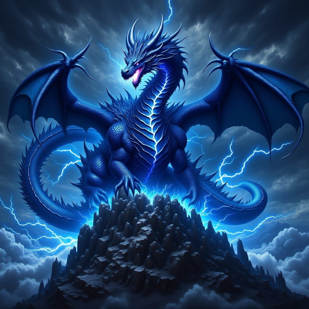 Lightning Dragon on Storm Rock in Epic Fantasy Style