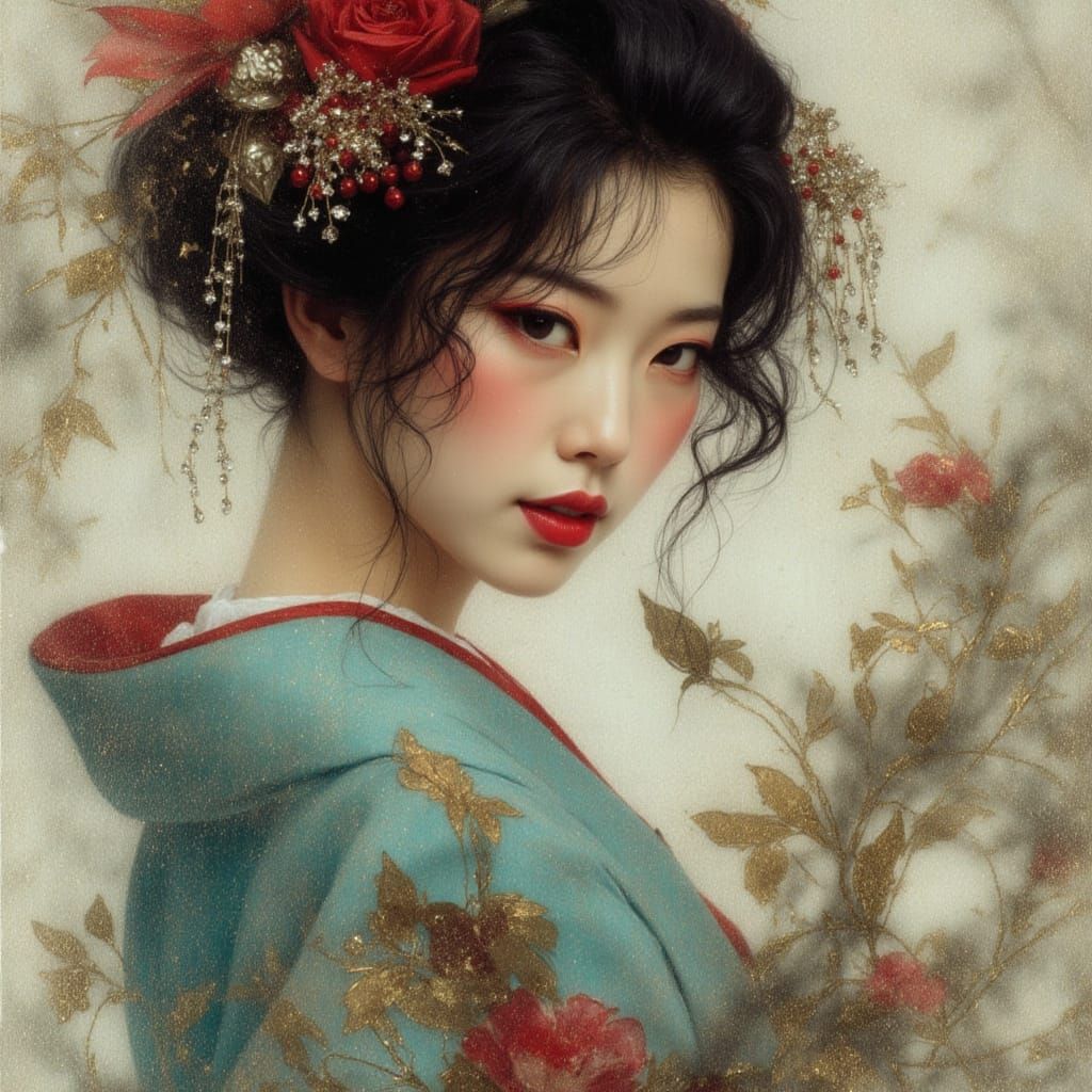 Geisha Portrait in Art Nouveau and Dark Fantasy Style