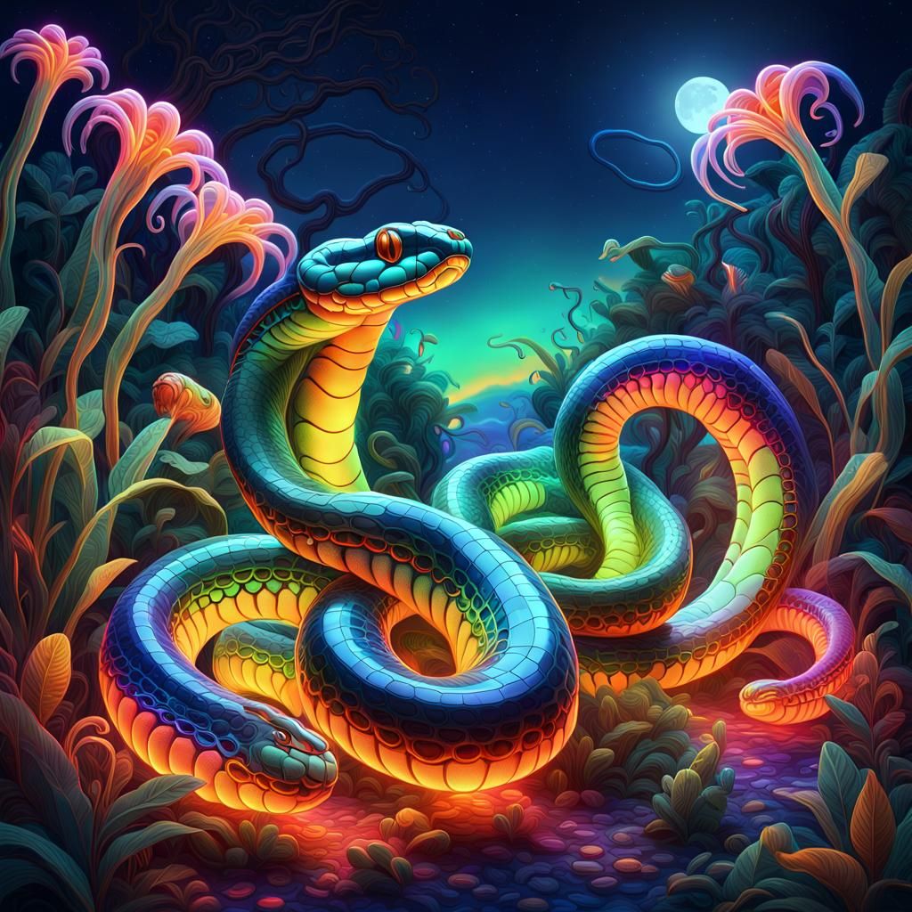 Blown Glass Cobra Snakes in Neon Lights